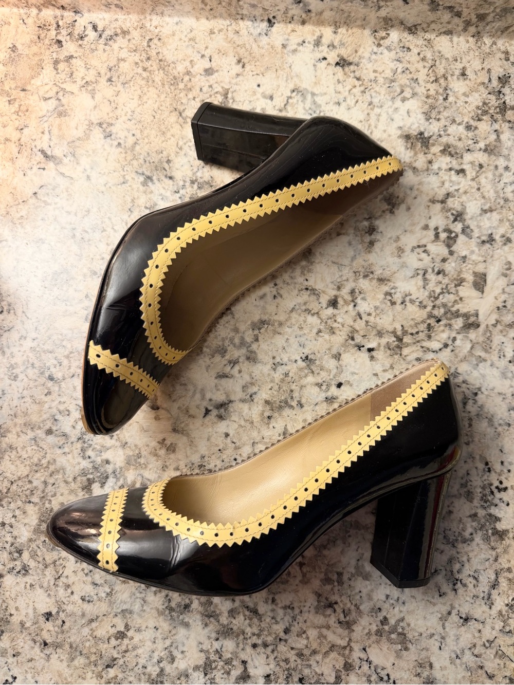 kate spade Black Patent Leather Pumps with Beige Trim